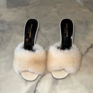 Saint Laurent Women's Plush Fur Mules - Cream